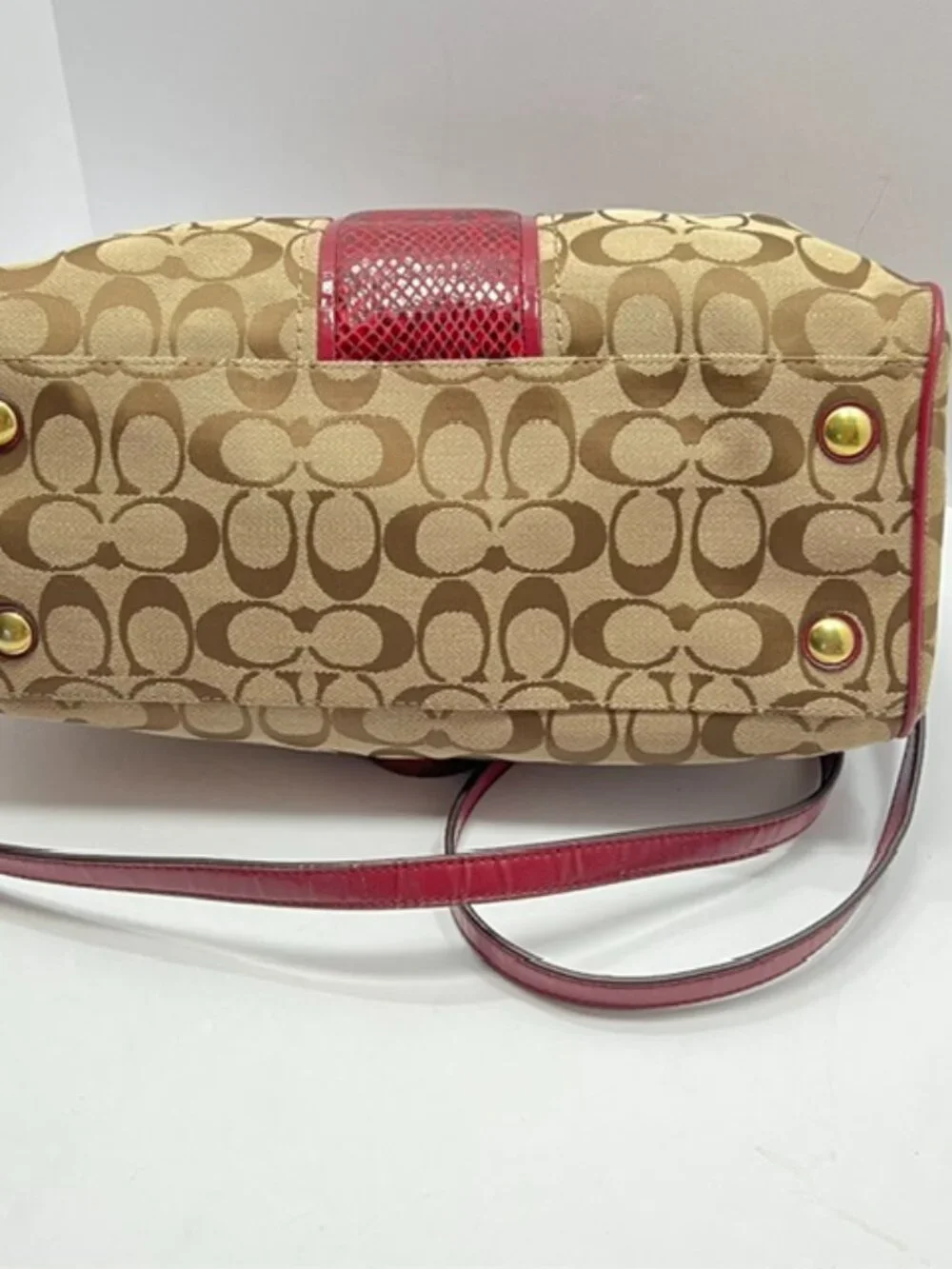 Coach Signature Stripe Python Satchel F24884 in Khaki w/Raspberry Python w/COA
